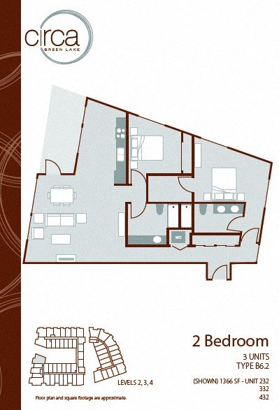 Floor plan for 2 beds, 2 baths, 1288 sqft